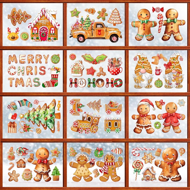 BORAMDO Christmas Window Clings 12 Sheets, Gingerbread Candy Window Decals Stickers, Removable Glass Decorations for Xmas Holiday Home Office Decor, 12 Styles - Image 1